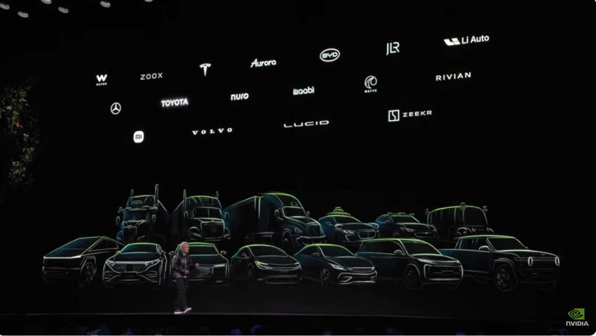 黄仁勋展示其众多汽车合作伙伴,其中包括国内巨头比亚迪、理想、小米、极氪等